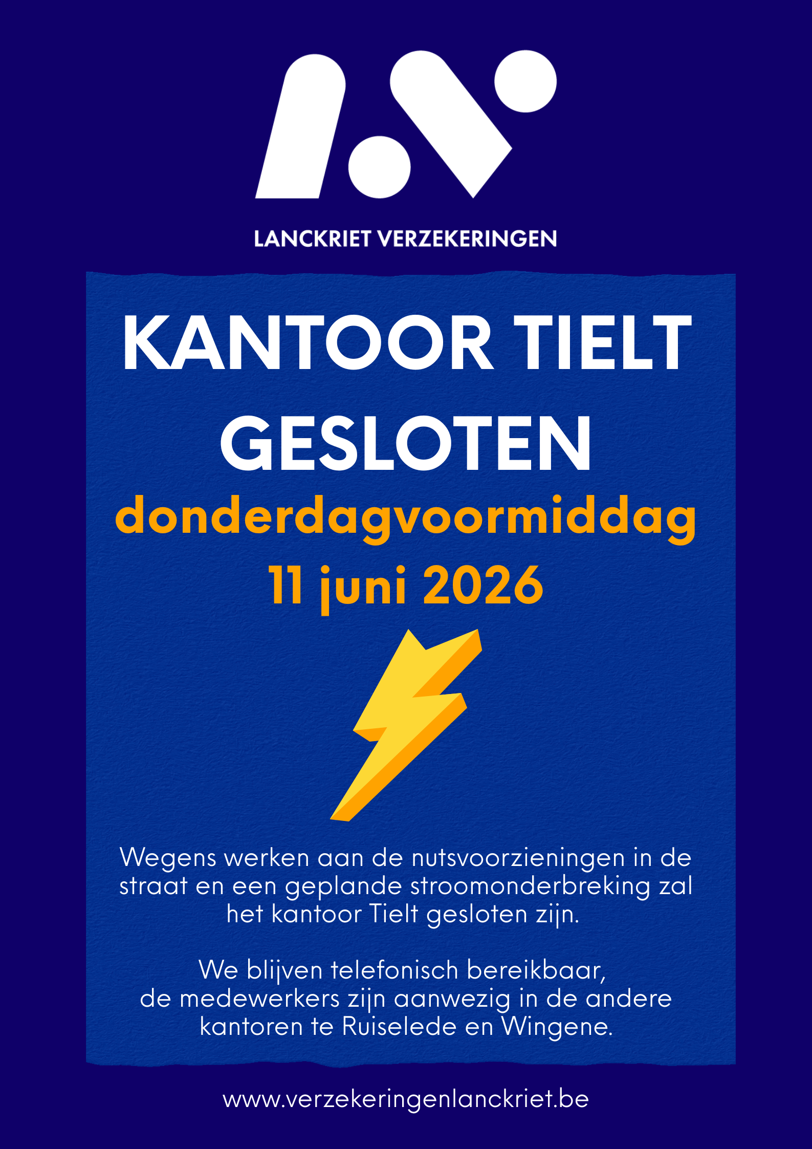 11 juni kantoor Tielt voormiddag gesloten
